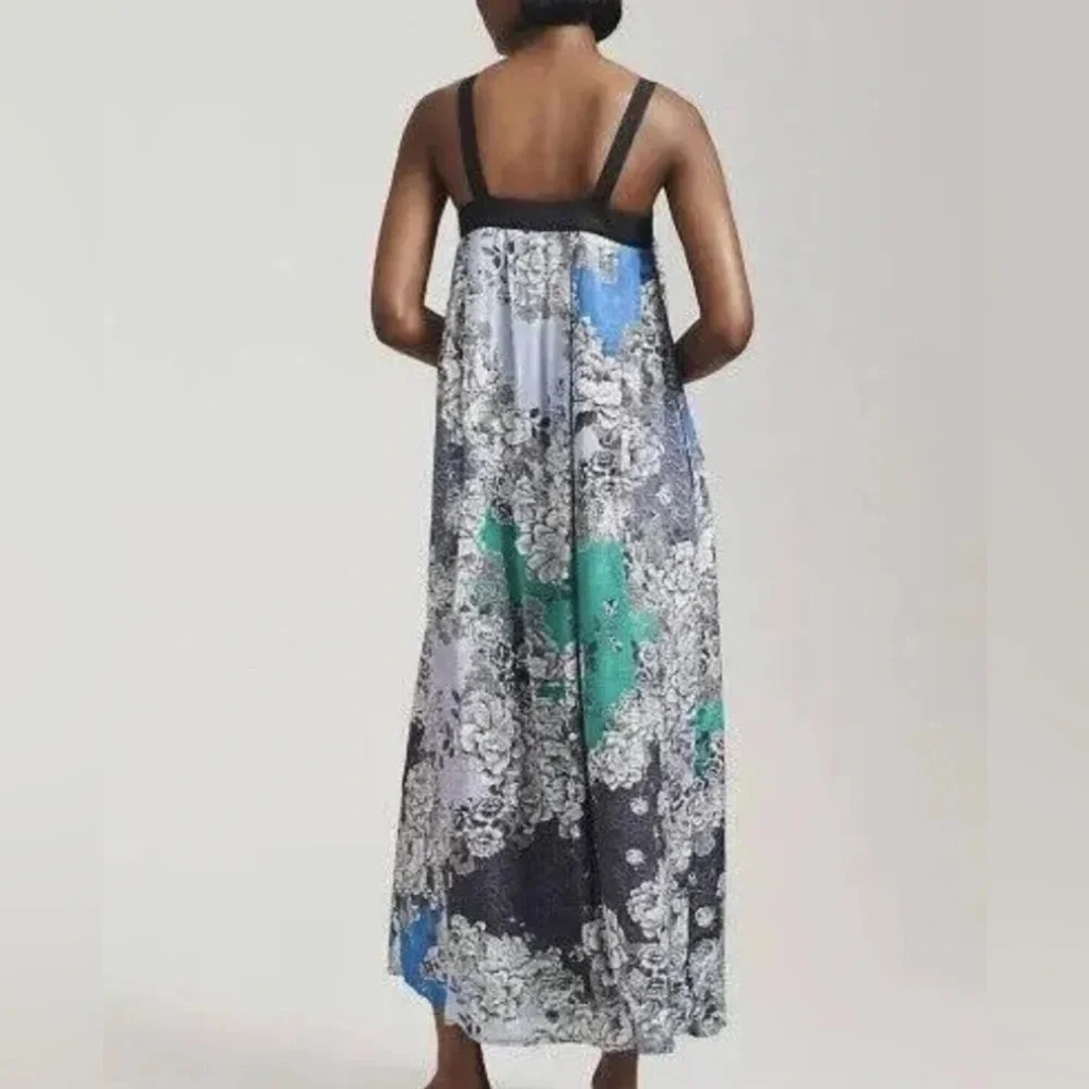 Anthropologie Atsu Black Multi Motif Floral Printed Square Neck Maxi Dress NWT M